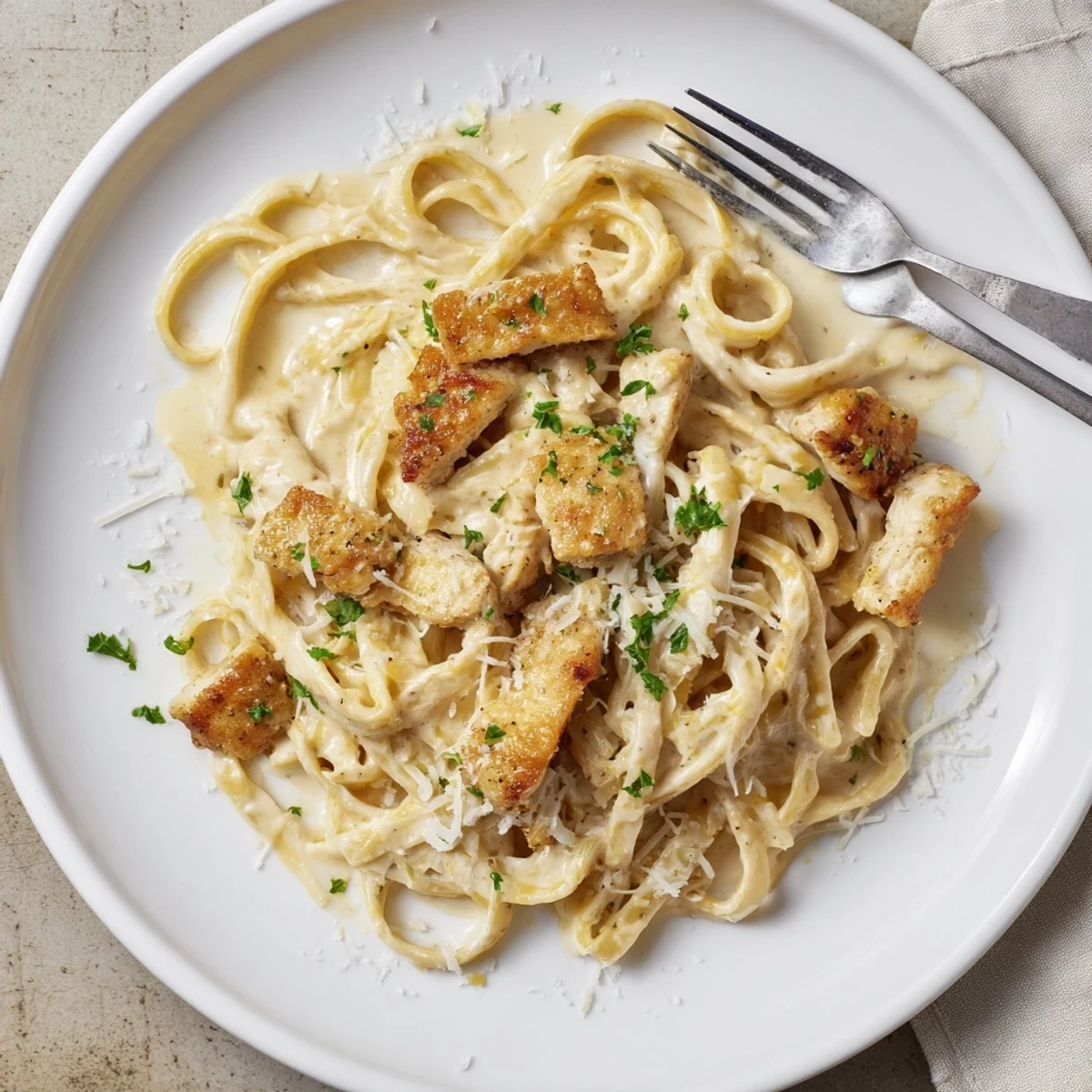 Cajun Chicken Alfredo mit garnierter Petersilie auf Teller, cremige Soße ummantelt Nudeln