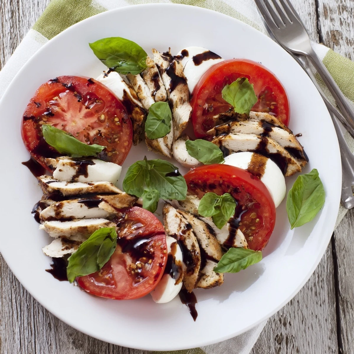Grilled chicken, fresh tomatoes, and mozzarella on a platter for a vibrant Caprese salad.