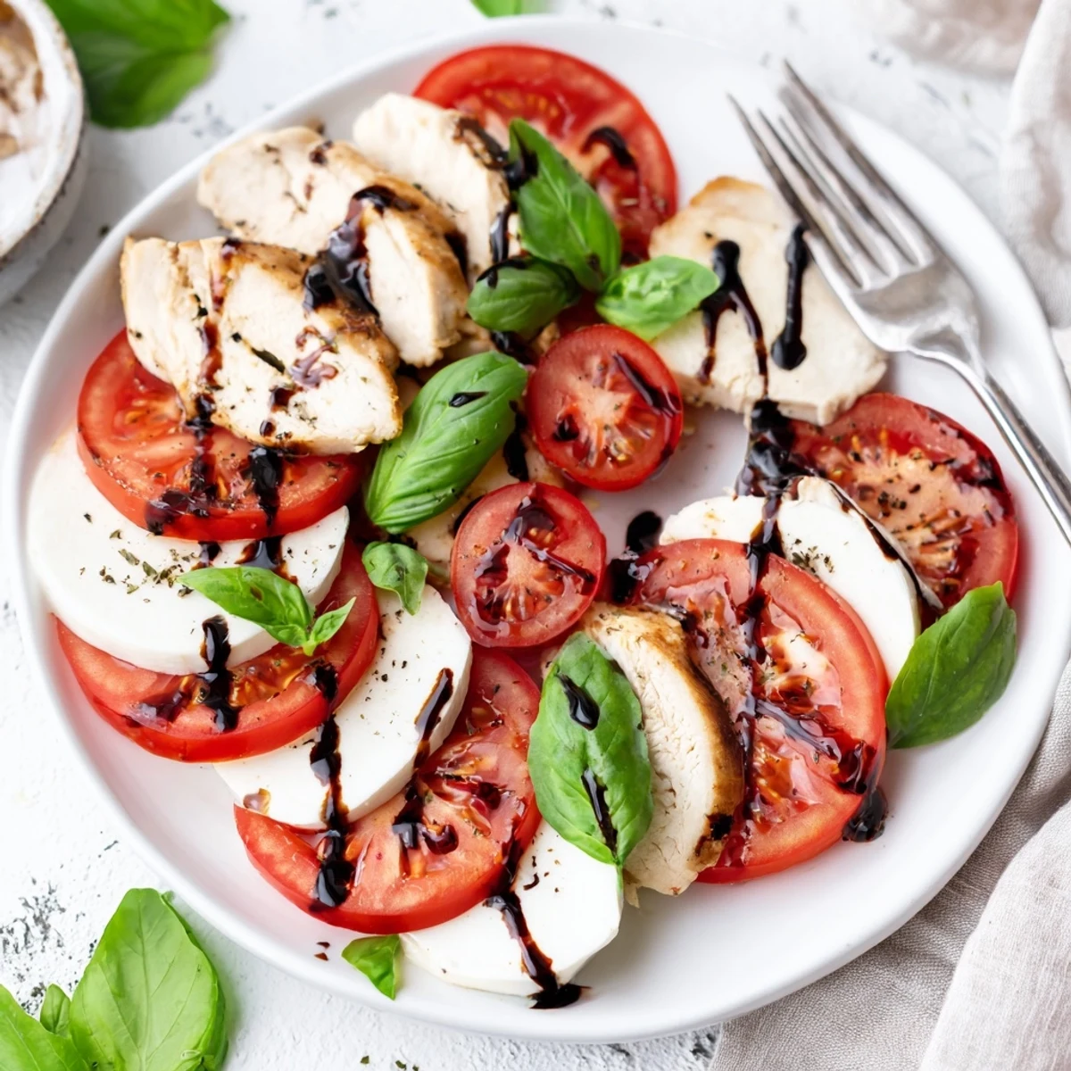 Grilled chicken Caprese salad with fresh basil and balsamic drizzle, ready for lunch.