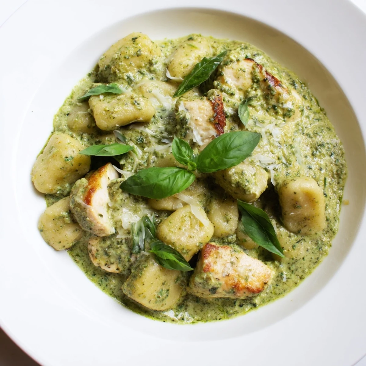 Goldbraune gnocchi mit saftigen Hähnchenstückchen in cremiger Pesto-Sauce, ideal für schnelle Abendessen und italienische Comfort-Food-Stimmung.