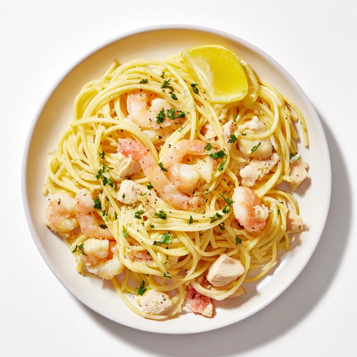 Ein farbenfrohes Bild von Lemon Garlic Shrimp & Chicken Pasta mit goldbraunem Hähnchen und glasierten Garnelen.