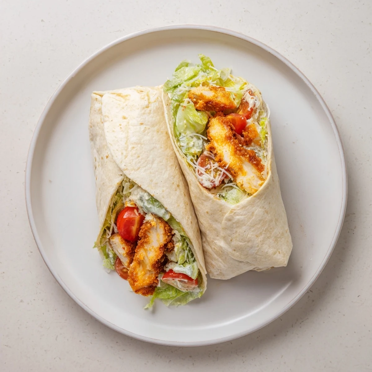 Golden, crispy chicken strips glistening with hot honey sauce nestled inside a soft flour tortilla with creamy Caesar salad.