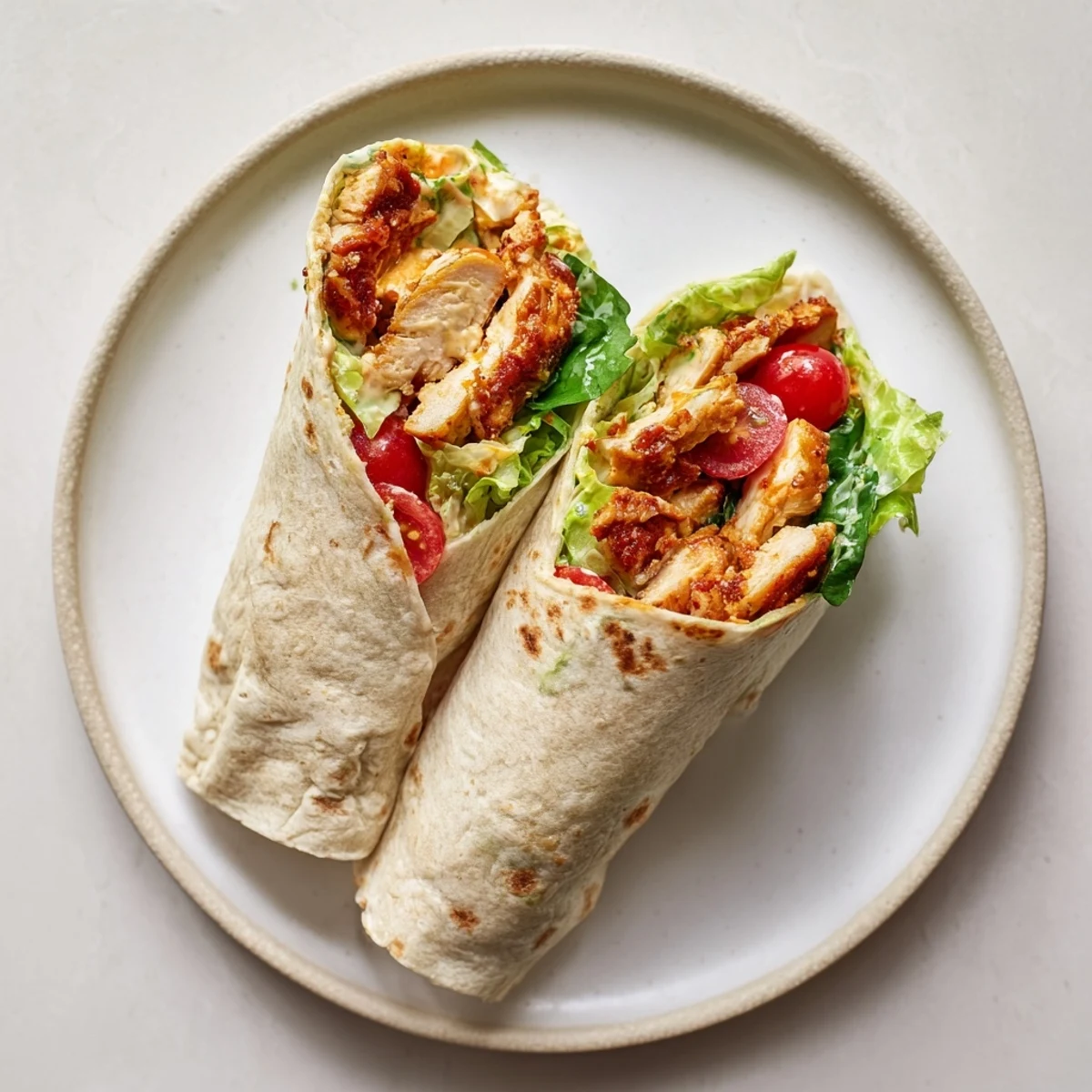 Homemade Hot Honey Chicken Caesar Wrap sliced in half, revealing layers of juicy fried chicken, romaine lettuce, and grated Parmesan.