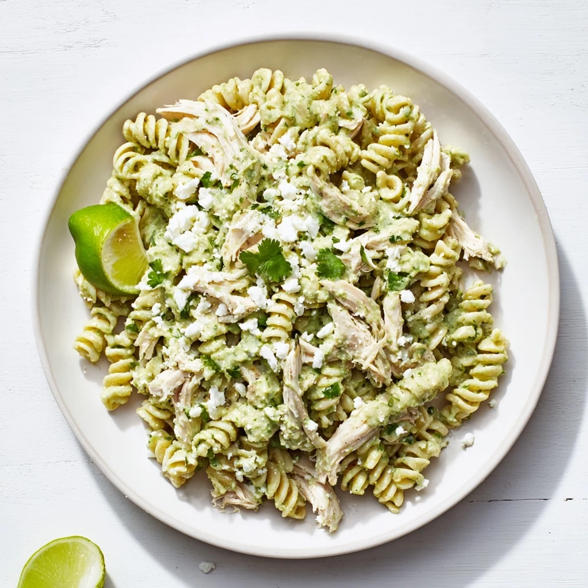Ein großer Teller mit Cilantro Lime Chicken Pasta, wo rotini-Nudeln und zarte Hühnerfleischstücke in einer cremigen, grünen Joghurt-Sauce liegen.