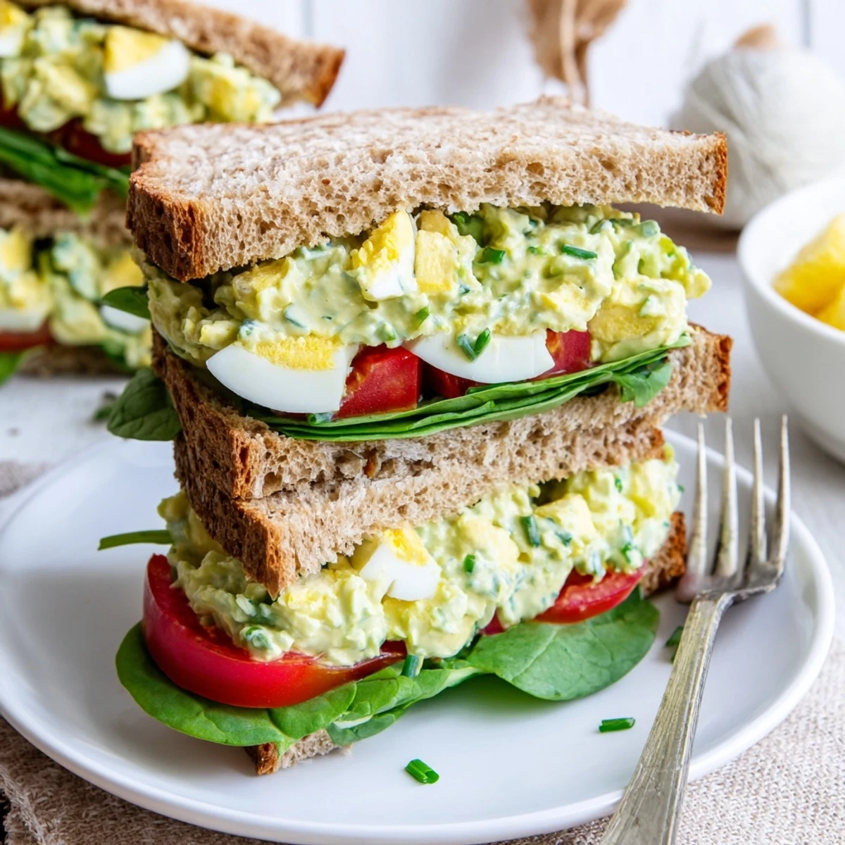 A close-up of an Avocado Egg Salad Sandwich layered with creamy filling, fresh spinach, and ripe tomato slices on toasted bread.