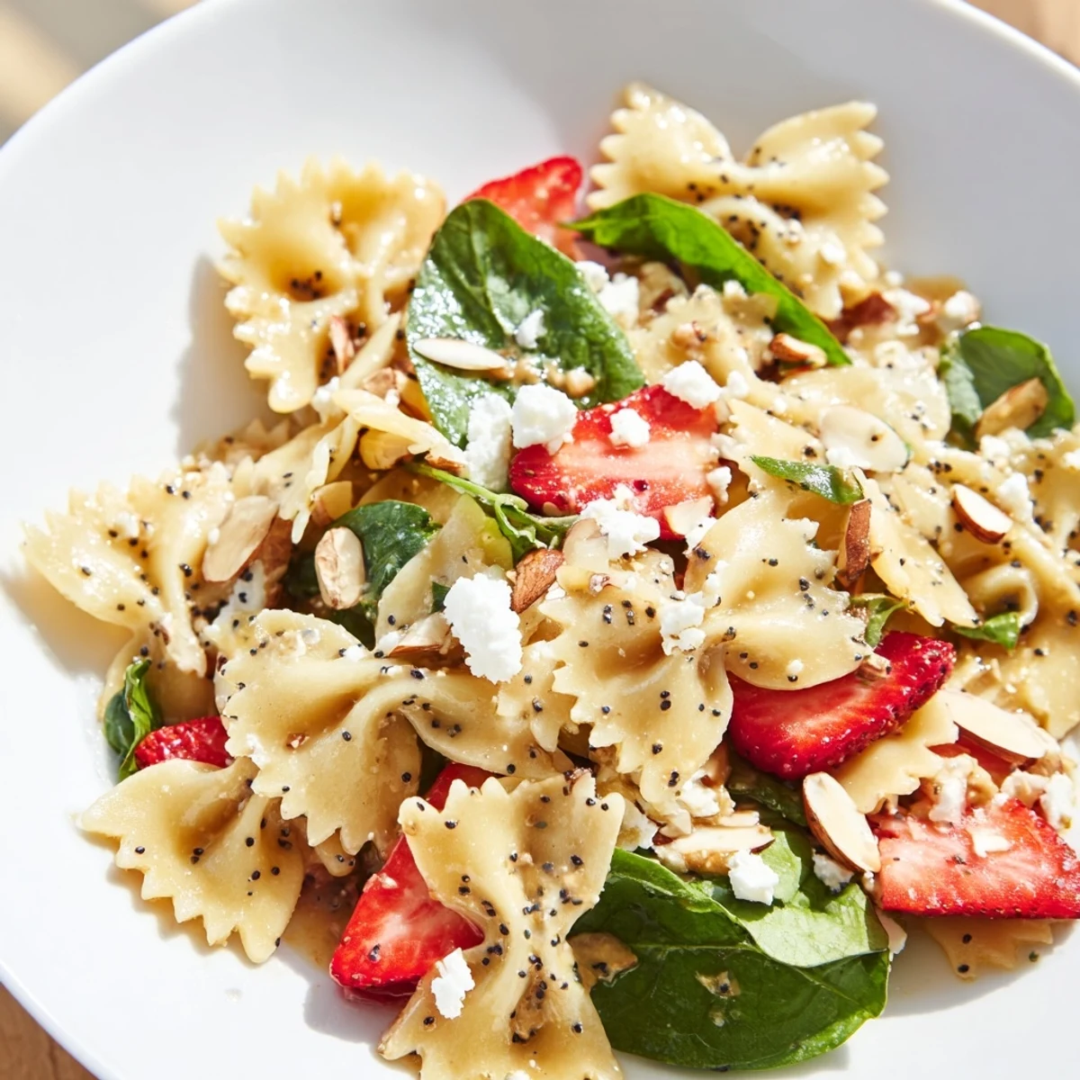 Frische Bow-Tie-Pasta mit Babyspinat, Erdbeerscheiben und einer cremigen Mohnsamen-Dressing auf einem rustikalen Teller.  