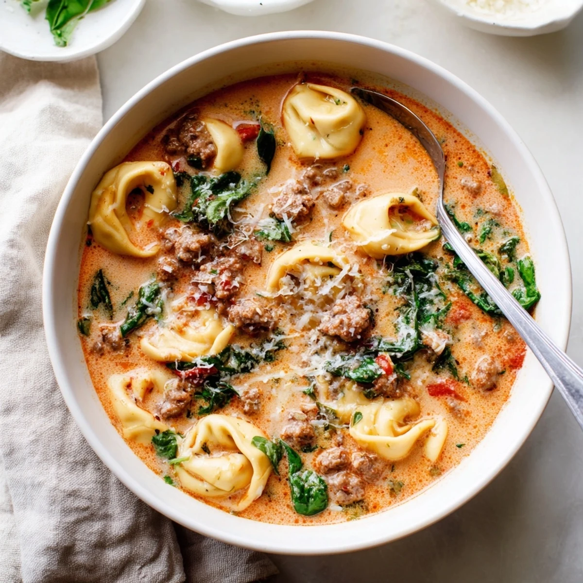 Geschmolzene Tomatensahne mit italienischen Würstchen, Spinat und Käsetortellini im Schalenform.  