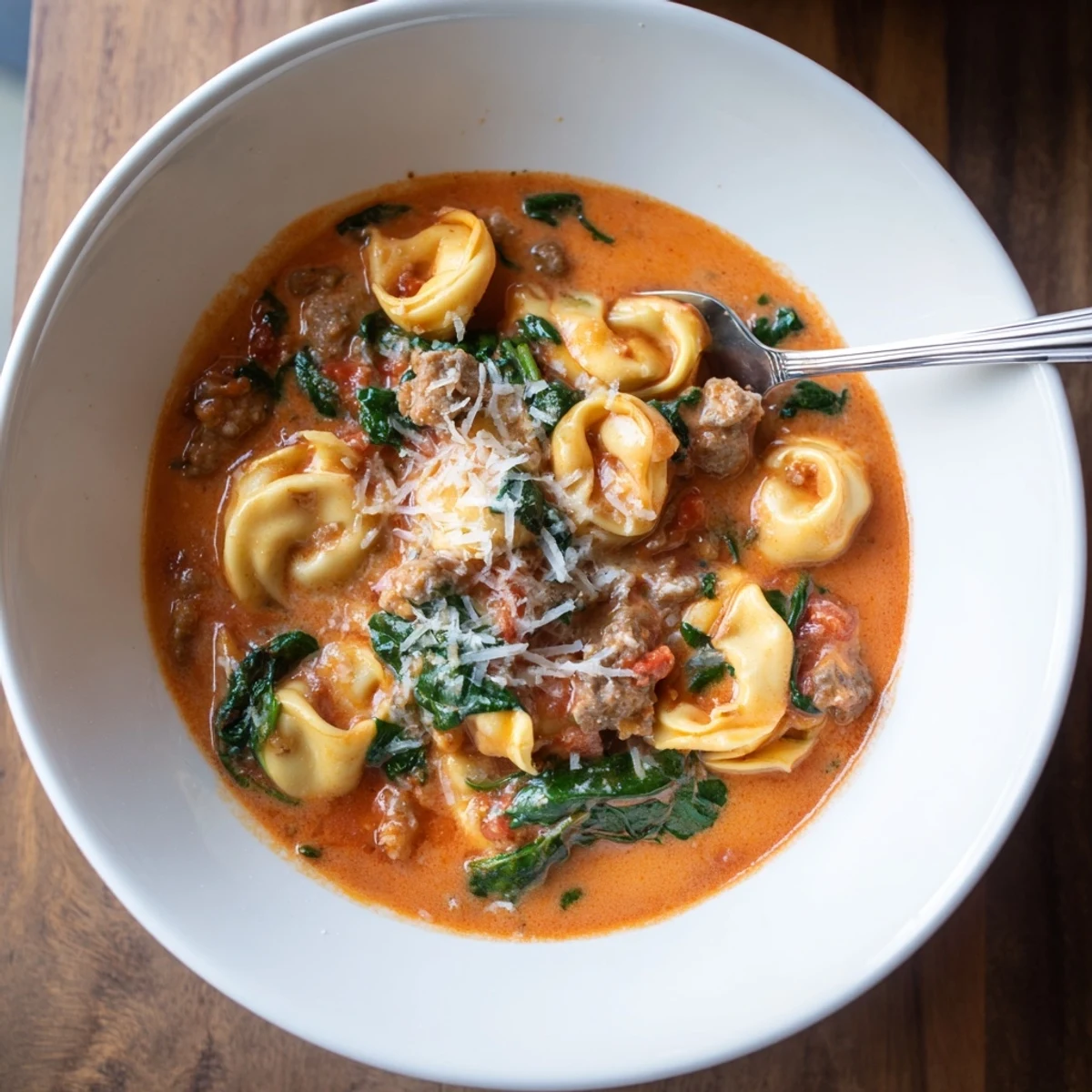Reichhaltige, cremige italienische Würstchentortellini-Suppe mit frischem Spinat und würziger Brühe.  