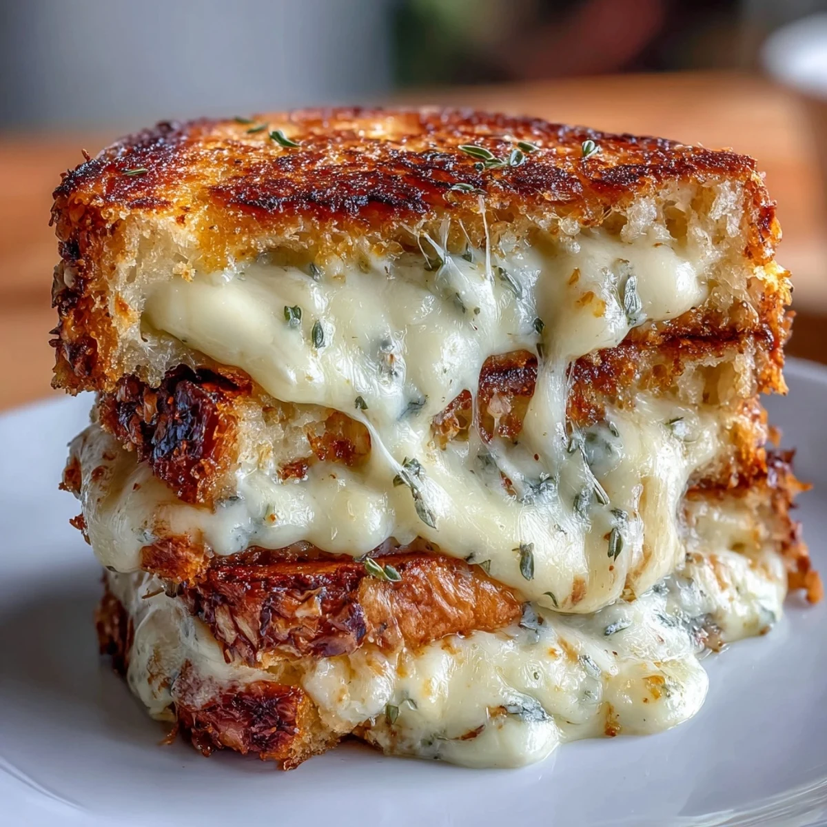 Goldbraunes Triple-Cheese-Sauerteig-Grillkäsesandwich, geschmolzen und würzig.