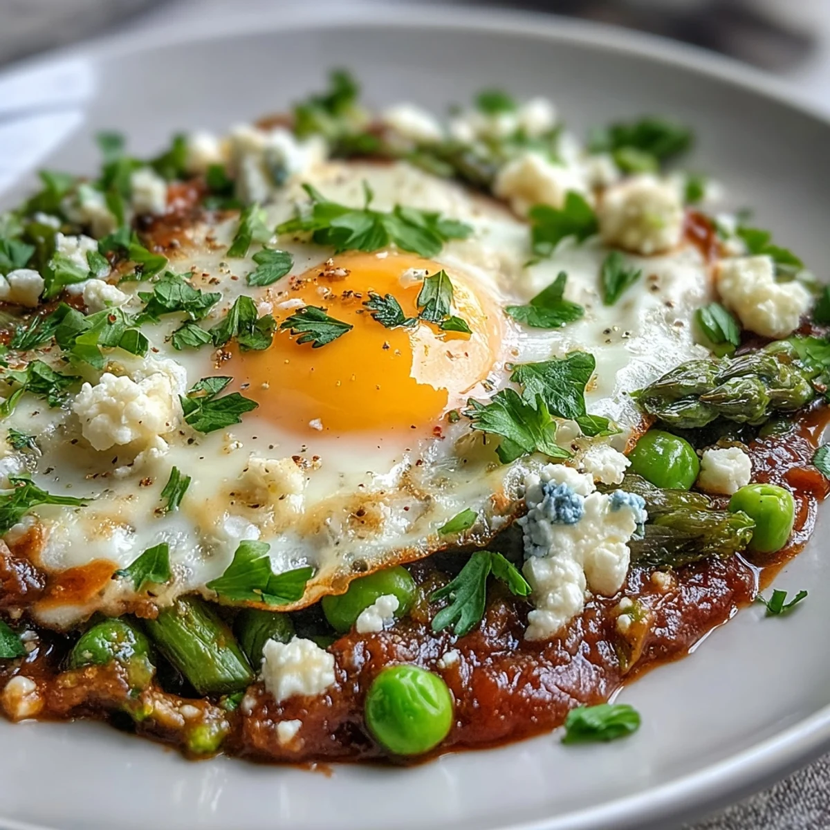 Sonnengelbes Pea and Broad Bean Shakshuka aus dem Ofen, garniert mit Zitronenspalten und frischem Brot zum Dippen.