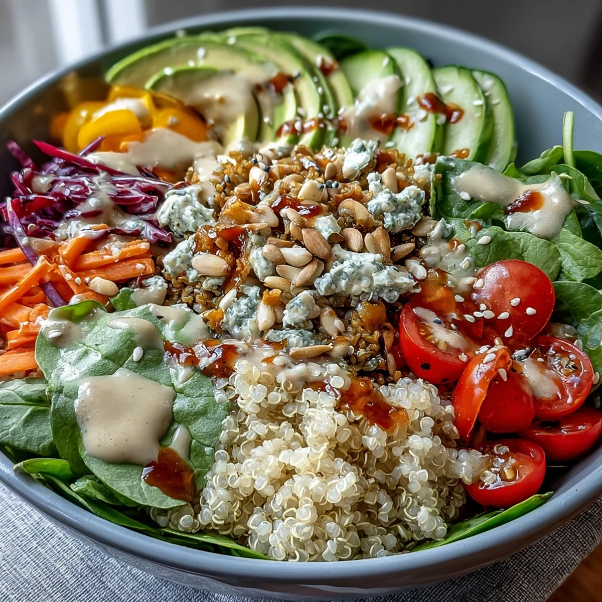 Bunter Buddha Bowl mit Quinoa, garniert mit frischen Gemüse und Tahini-Dressing.