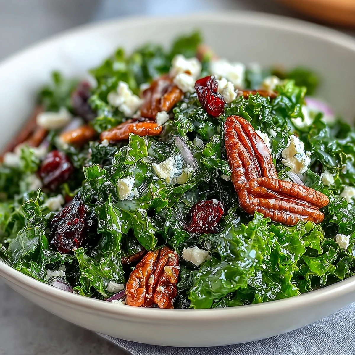 Saftiger, warm servierter Kale Salad mit Maple Mustard Dressing, Crunch von Nüssen und rosafarbenen Cranberries.