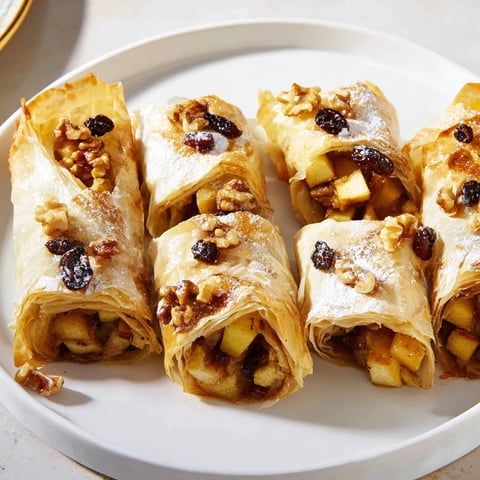 Golden, baked Oven-Baked Apple Strudel Rolls, showcasing layers of crisp pastry with spiced apple filling.