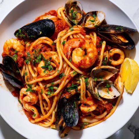 A steaming bowl of Seafood Marinara Pasta, featuring fresh shrimp and mussels in tomato sauce.