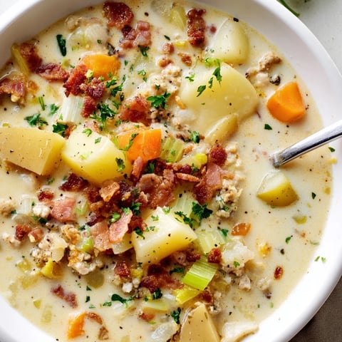 A steaming bowl of New England Clam Chowder, creamy and packed with clams and potatoes, ready to enjoy.