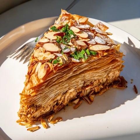 Titel: Marokkanischer Pastilla-Kuchen, knuspriges Gebäck mit einer Mischung aus herzhaftem Huhn.