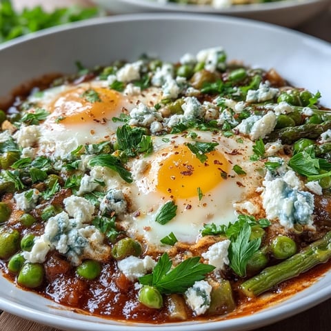 Frisches Pea and Broad Bean Shakshuka mit pochierten Eiern in würziger Tomatensauce, serviert in einer Gusseisenpfanne.