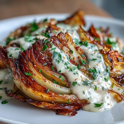 Zart geröstete Kohlkeile mit cremiger Tahini-Sauce und gebratenen Sesamkörnern.