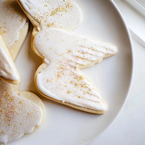 Freshly baked angel wings sugar cookies, glistening with icing, ready to be enjoyed with a tea.