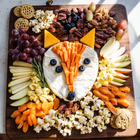 Vibrant Whimsical Fox Fall Treat Board, overflowing with fall fruits, cheeses, and autumn candies.