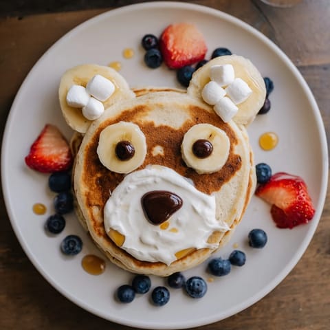 A visually appealing look at the completed polar bear pancake stack, ready for a fun family brunch.