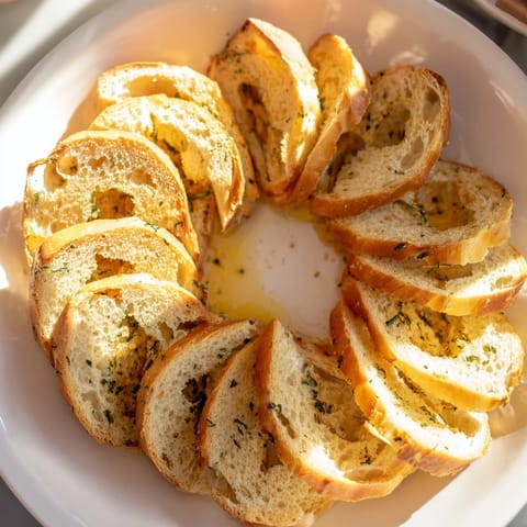 Crispy Simple Bread baguette slices arranged in a circle, ready to serve with flavorful dips.