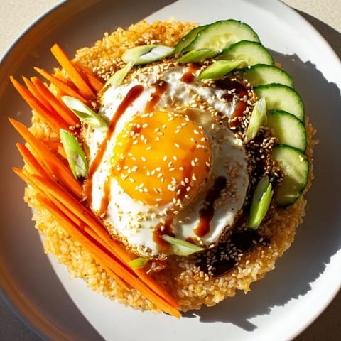 Crispy egg rice bowl, showcasing a fried egg atop crunchy rice with fresh vegetable toppings.