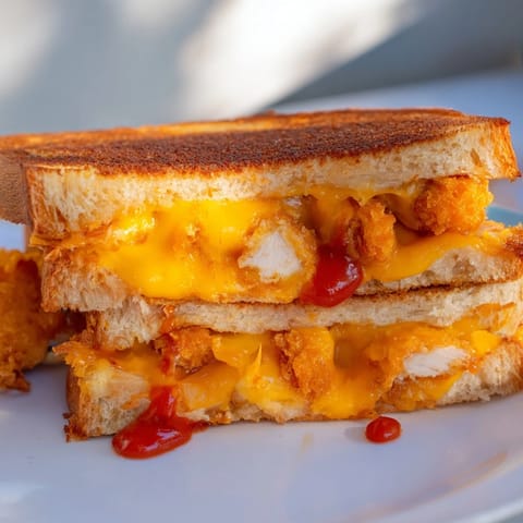 A close-up of a chicken nugget grilled cheese, showing crispy bread and melted cheese pull.
