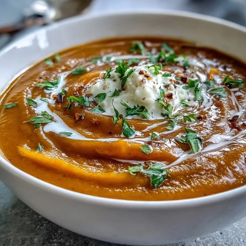 Goldene Butternut Squash Suppe mit Kürbiskernen verziert, cremig angerichtet.