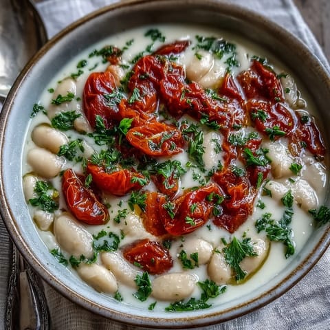 Creamy white bean soup with tomato served in a rustic bowl with crusty bread
