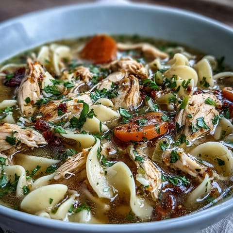 Klassische Chicken and Noodle Soup mit breiten Eiernudeln und Kräutern serviert im Topf.