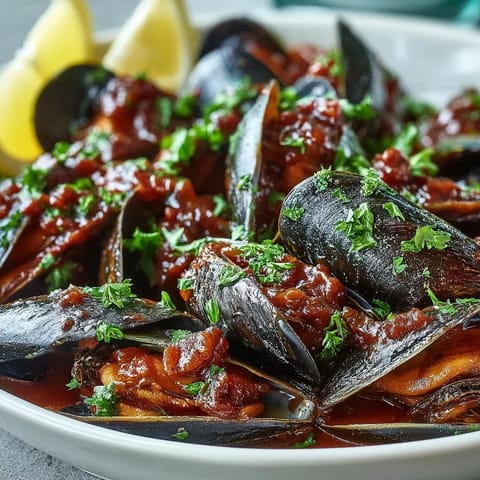 Smoky Mussels Pomodoro mit knusprigem Brot und Zitronenspalten auf Teller.