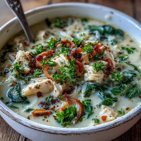 Hearty Garlic Parmesan Chicken Soup ladled into a bowl, fresh parsley and cheese on top.