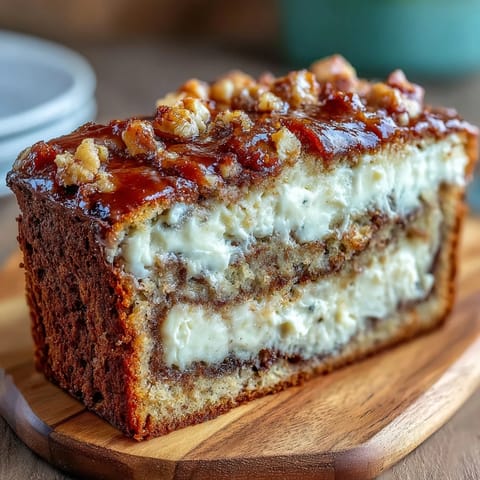 Rundlich gebackenes Cream Cheese Cinnamon Swirl Banana Bread mit goldbrauner Kruste und zartem, sichtbarem Schokoladenstreusel.