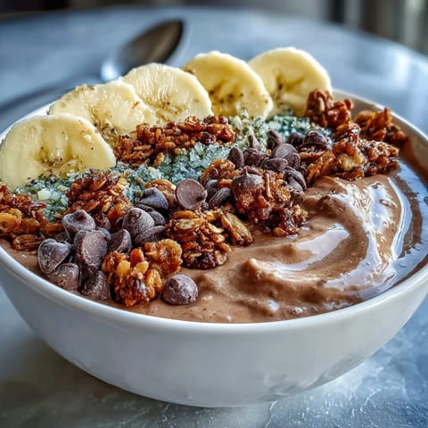 Fruchtige Chunky Monkey Smoothie Bowls belegt mit Bananen, Nibs und Minischokolade.