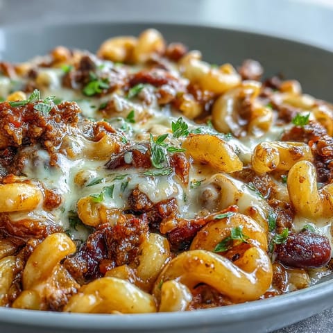 One-Pan High Protein Chili Mac serviert mit knackigen Tortilla-Chips und cremiger saurer Sahne obenauf.