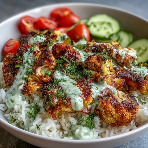 Genussvoll angerichtete Roasted Cauliflower Bowl mit knackigem Gurken-Gemüse und zarter Spinatbasis. 