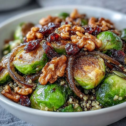 Ein saftiger Roasted Brussels Sprouts Bowl, geröstet auf einem Ofenblech, serviert auf Quinoa mit Kürbiskernen für eine nahrhafte vegetarische Mahlzeit.