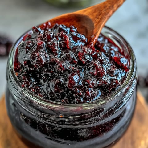 Löffel voll süß-saurer hausgemachter schwarzer Johannisbeeren Konfitüre neben warmem Toast und Joghurt.