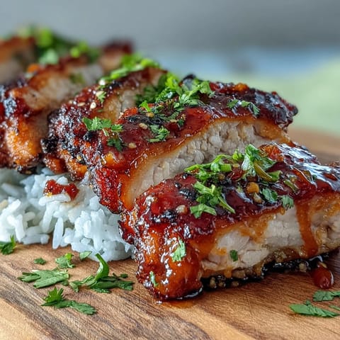 Saftiges Spicy Maple Chicken mit glasierter Sriracha-Kräuter-Decke auf cremigem Kokosreis und Limettenkeil neben dem Teller