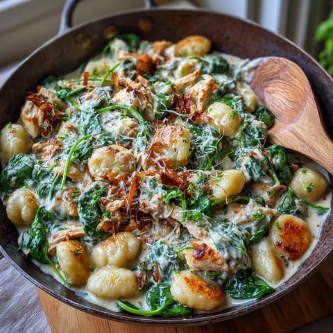 Close-up of Creamy Spinach & Parmesan Gnocchi with Chicken, featuring wilted spinach and tender shredded chicken.