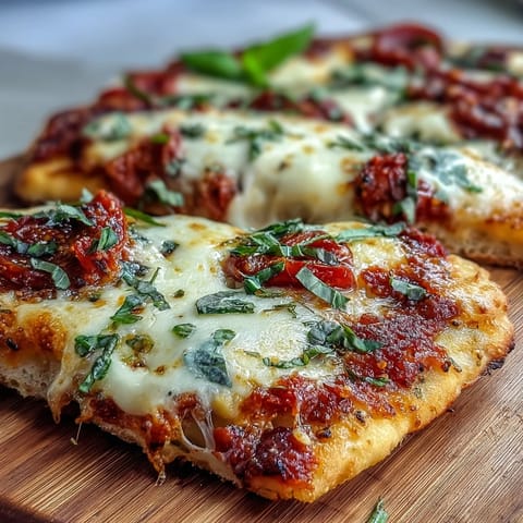 Frisch gebackene Garlic Naan Margherita Pizzas mit goldenem Käserand und würziger Tomatensauce direkt aus dem Ofen.