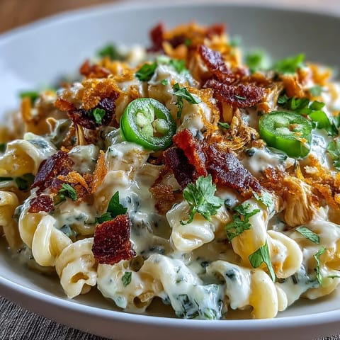 Eine Portion würziger Cremige Jalapeño Popper Chicken Pasta mit Hähnchen und geschmolzenem Käse.