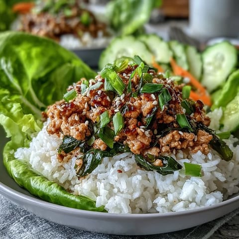 Frische Sesame Turkey Lettuce Wrap Bowls mit Reis, Gurkenstreifen, knackigem Salat und Limette für eine ausgewogene Mahlzeit.