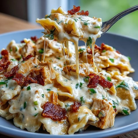 Cremige Jalapeño Popper Hühnchen Pasta mit knusprigem Bacon, geröstetem Cheddar und frischen Jalapeños garniert.