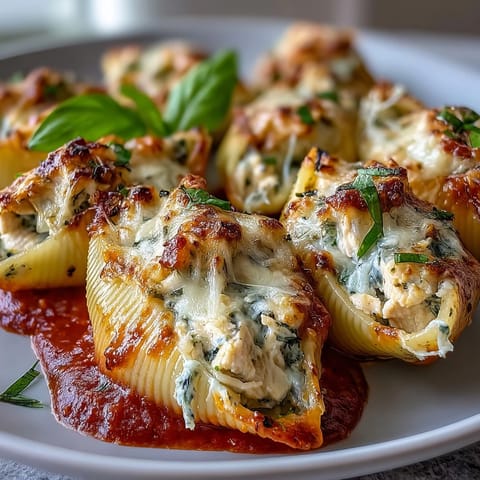 Pesto Chicken Stuffed Shells Lite, baked in zesty marinara with melted mozzarella and fresh basil garnish.