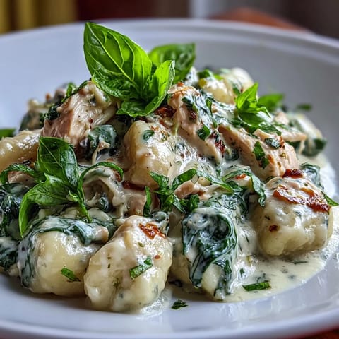 Cremige Spinat & Parmesan Gnocchi mit Hähnchen: Goldene Gnocchi und zartes Hähnchen in einer reichhaltigen Knoblauch-Sahne-Sauce auf einem Teller.