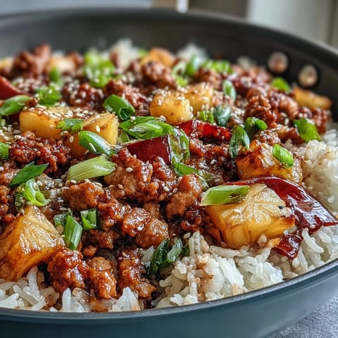 Geschmacksintensive Sweet-and-Sour Turkey Rice Skillet mit knusprigen Paprikastreifen und saftigem Ananasstücken auf dem heißen Teller.