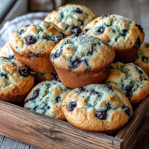 Vegan Blueberry Lemon Protein Muffins mit Zitronenglasur auf einem Holztisch, frisch aus dem Ofen.