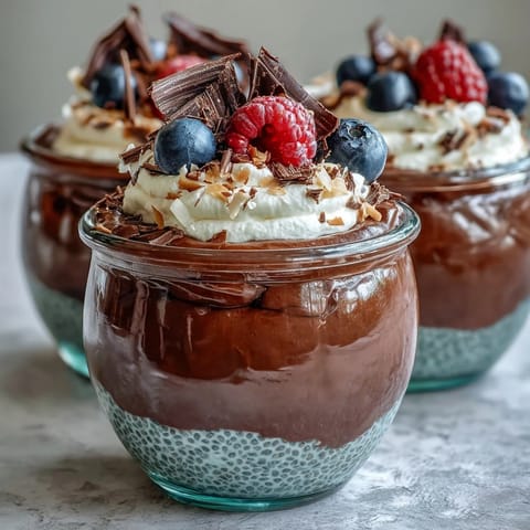 Hochwertiges Foto von Vegan Chocolate Chia Pudding Parfaits mit cremiger Schokoladen-Chia-Mischung und luftiger Kokos-Sahne, garniert mit frischen Beeren auf einer rustikalen Holzplatte.